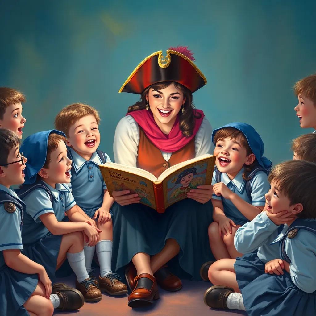 An excited group of children dressed in school uniforms sitting around Mariam as she reads a thrilling pirate adventure book, colorful illustrations, laughter, interactive scene, high quality