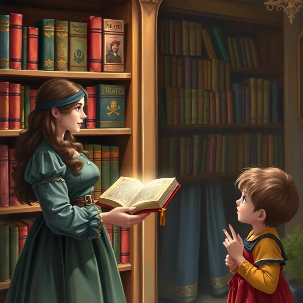 Mariam standing next to a bookshelf with adventure books, pointing out a shiny book about pirates, children looking amazed, bright lighting, engaging atmosphere, high quality