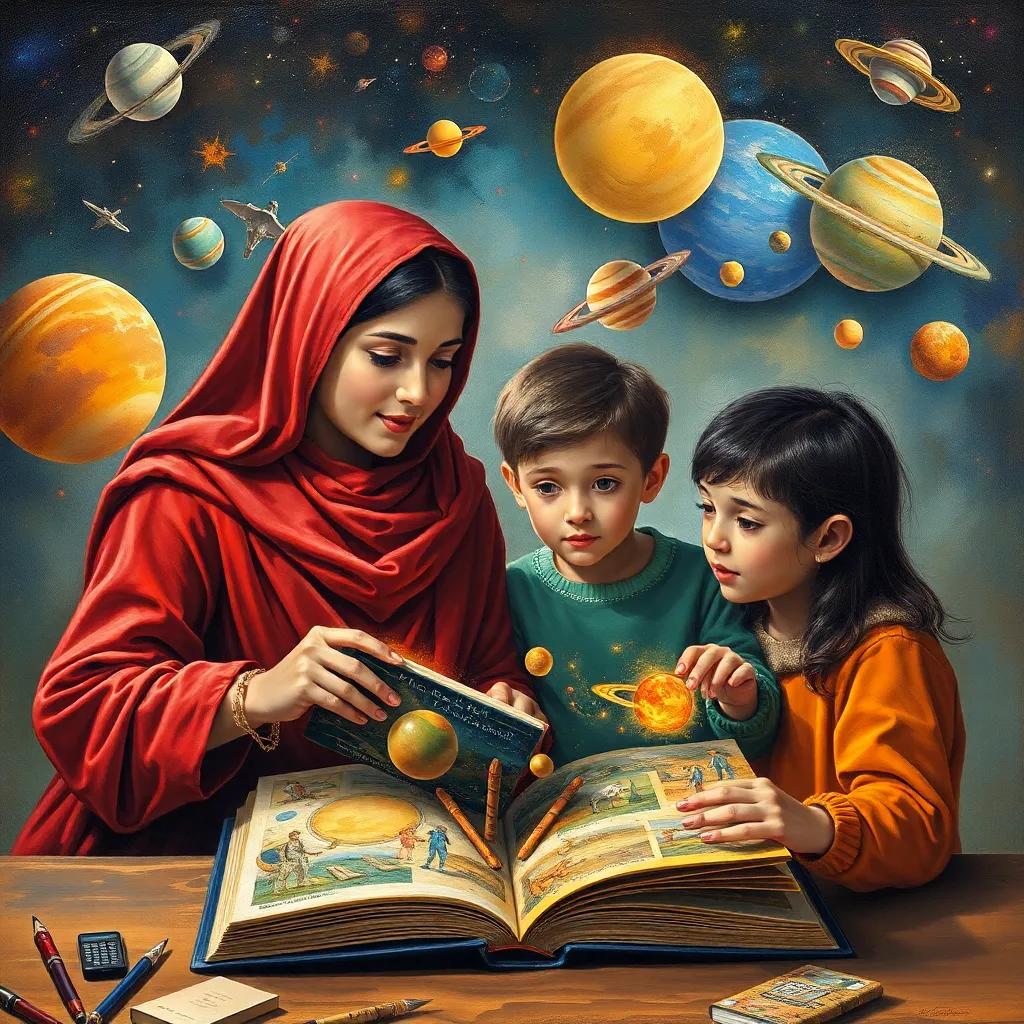 Mariam opening a science fiction book about space exploration, curious students looking at colorful illustrations of aliens and planets, imaginative scene, high quality