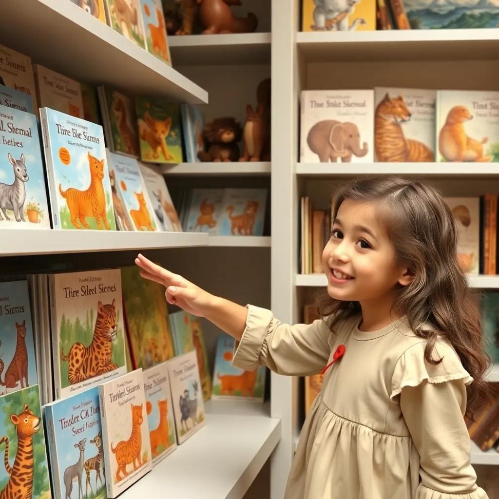 A girl excitedly pointing to a shelf of animal stories with talking animal illustrations, Mariam smiling while guiding the children, friendly vibe, high quality