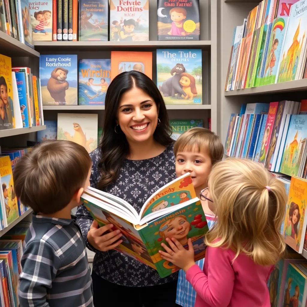 Mariam encouraging children to select their favorite books from a shelf filled with adventure stories, colorful covers, cheerful expressions, bright lighting, high quality