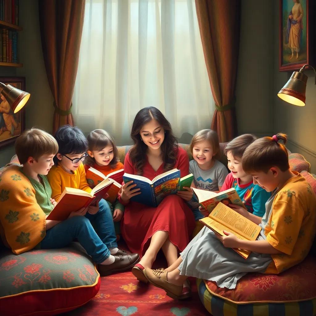 A cozy reading corner with Mariam sitting surrounded by children happily reading their chosen books, laughter and sharing stories, colorful cushions, warm inviting light, high quality