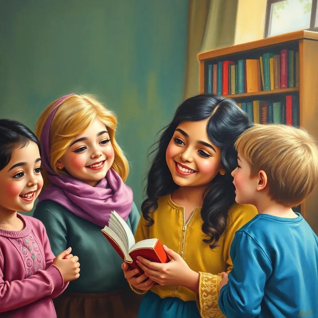 A warm scene of Mariam with the children smiling and thanking her for the library tour, bright colors, cheerful mood, high quality
