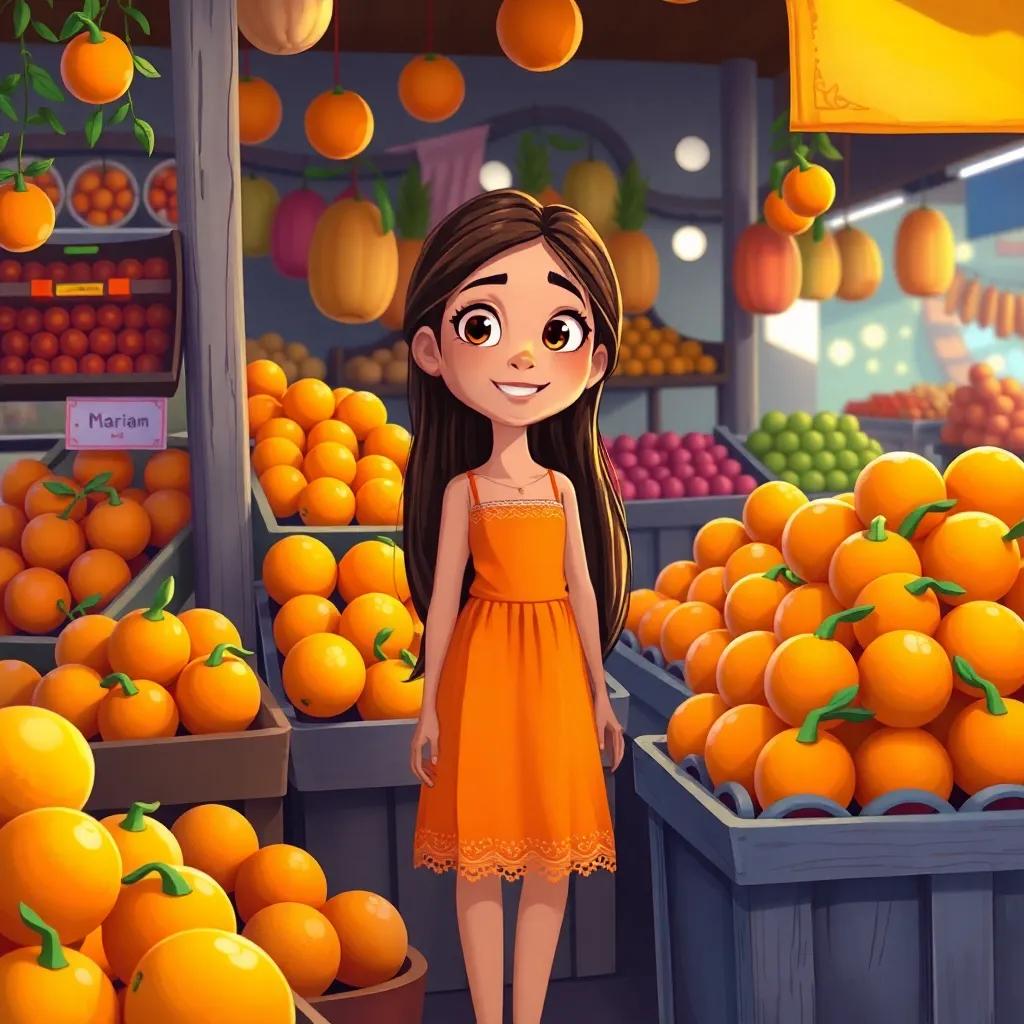 A market scene with a variety of fruits. Mariam, a young girl with long hair in a bright dress, standing beside a fruit stand filled with bright oranges, friendly fruit seller smiling, lively market background, illustration, vibrant colors