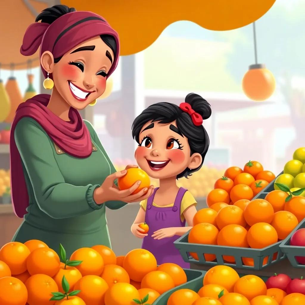 Mariam counting out oranges, the fruit seller is laughing and helping her. Mariam has a joyful expression, the stand colorful and full of fruits, art style, child-friendly