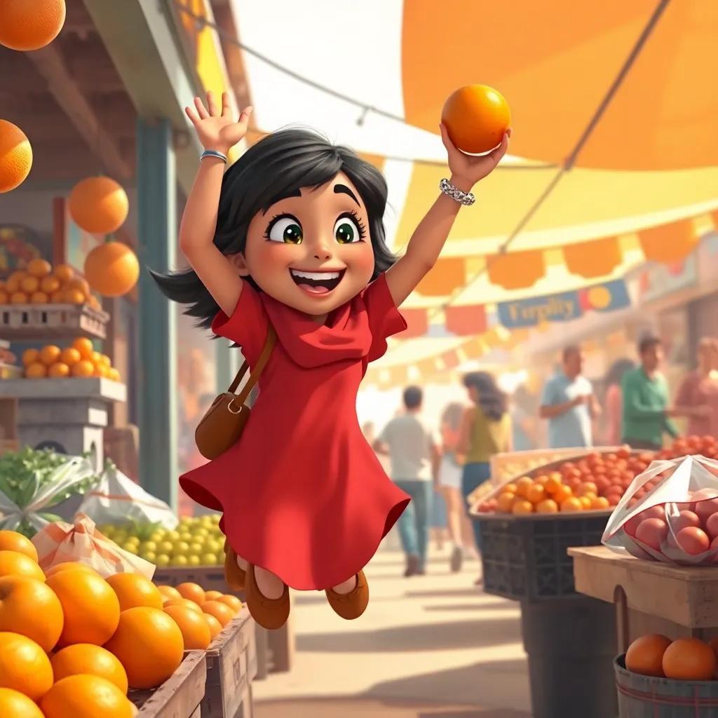Mariam jumping with excitement as the fruit seller counts the last orange, the background showing a sunny day, colorful market bustling with people, cheerful expression, digital art