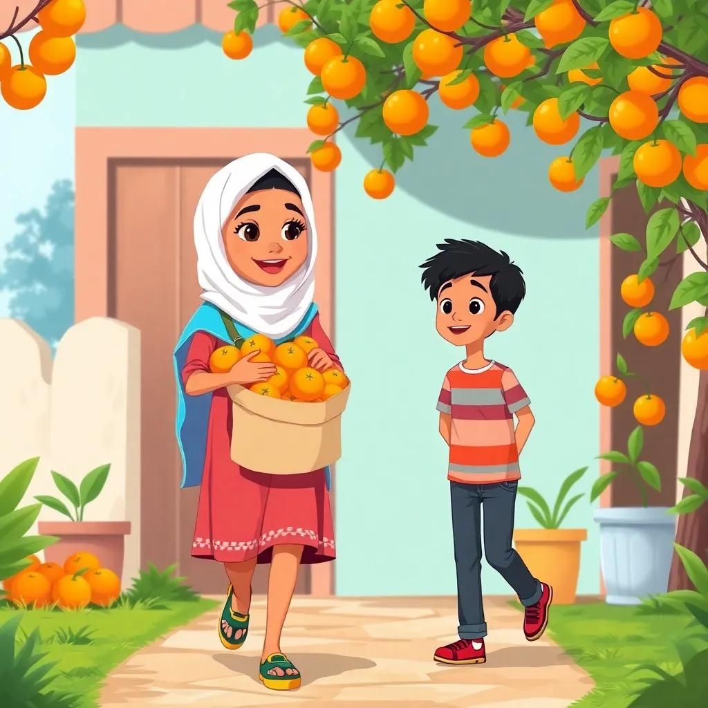 Mariam walking home with a bag full of oranges, happy expression, her friend Zain looking amazed, colorful environment, clean and inviting illustration, bright colors