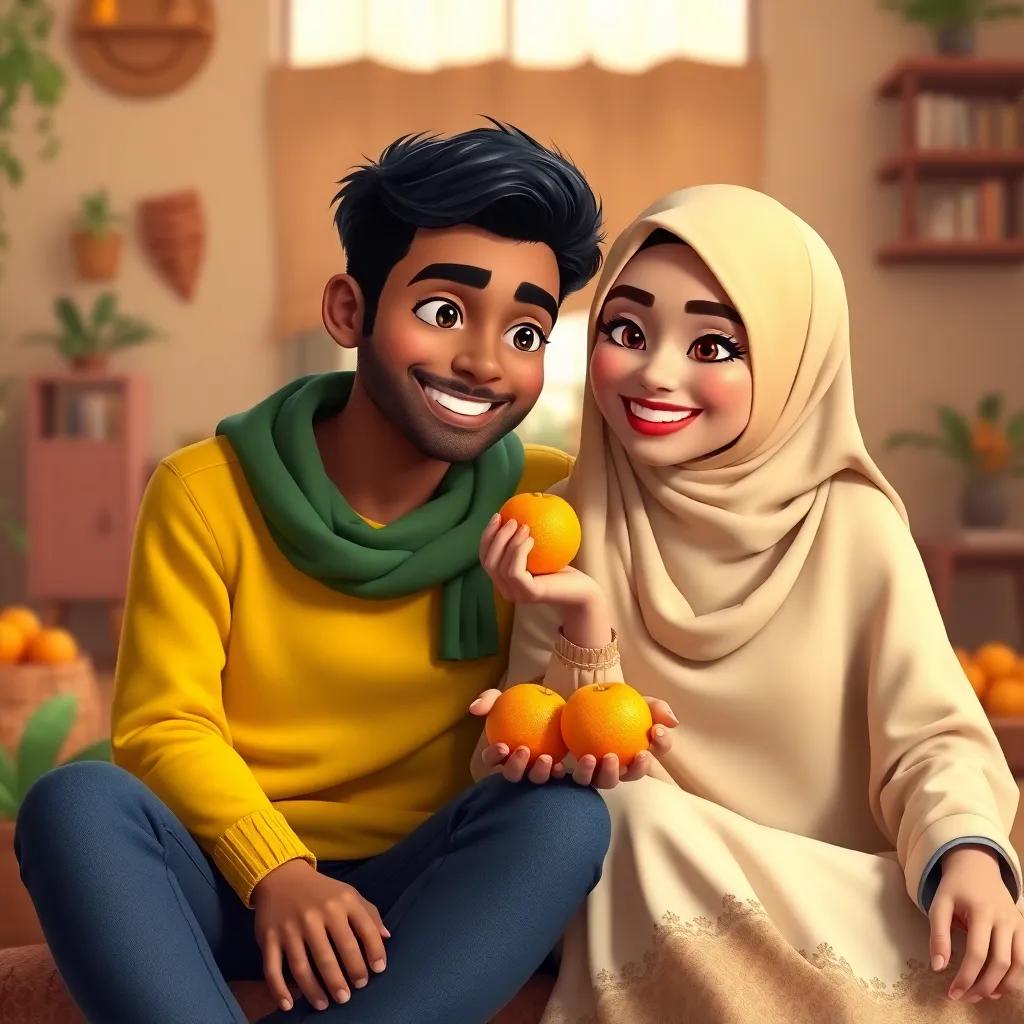 Zain and Mariam sitting together, Mariam sharing oranges, their smiles bright, homey backdrop with a warm feeling, adorable image, lush colors and happy vibes
