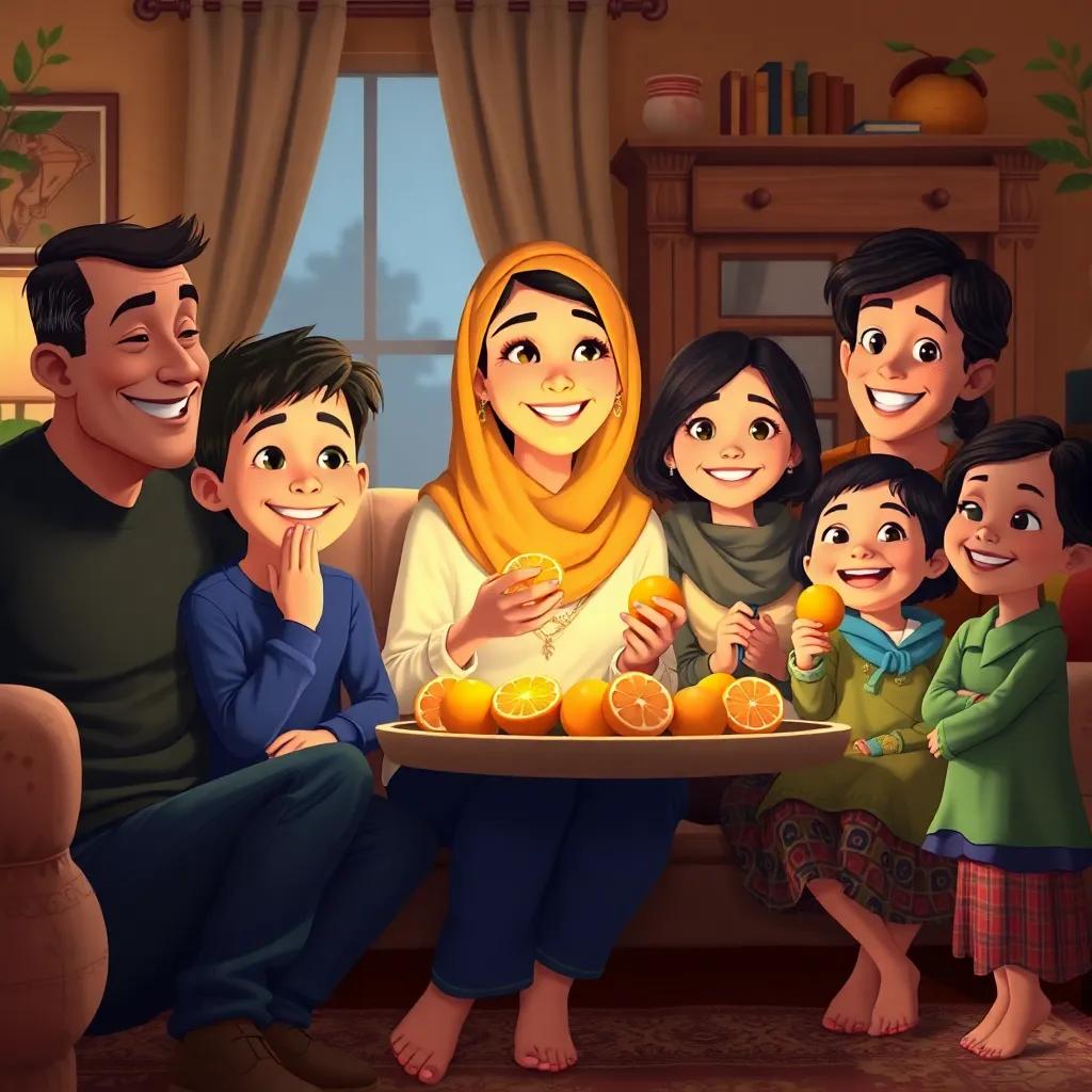 Mariam sitting with family at home, sharing oranges, everyone's smiling, warm colors, cozy atmosphere, detailed family scene, joyful expression