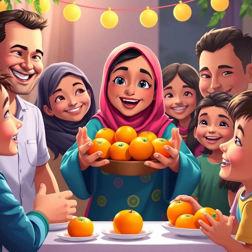Celebration scene showing Mariam happily sharing oranges, friends and family around her, beaming smiles, colorful oranges in the center, digital art, heartwarming finish, high quality