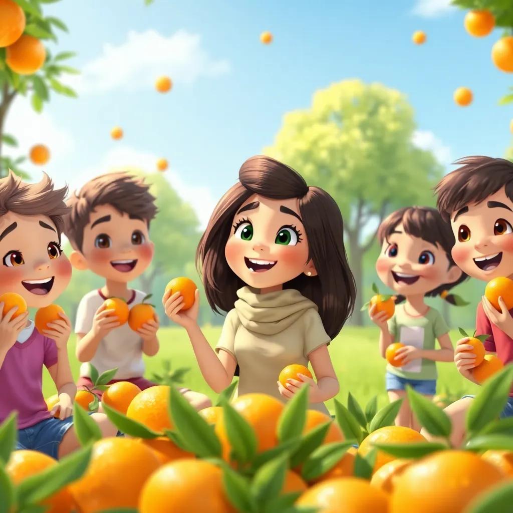A fun-filled scene of Mariam in a park, surrounded by friends, enjoying oranges, joyful expressions, beautiful day, bright blue sky, illustration, child friendly
