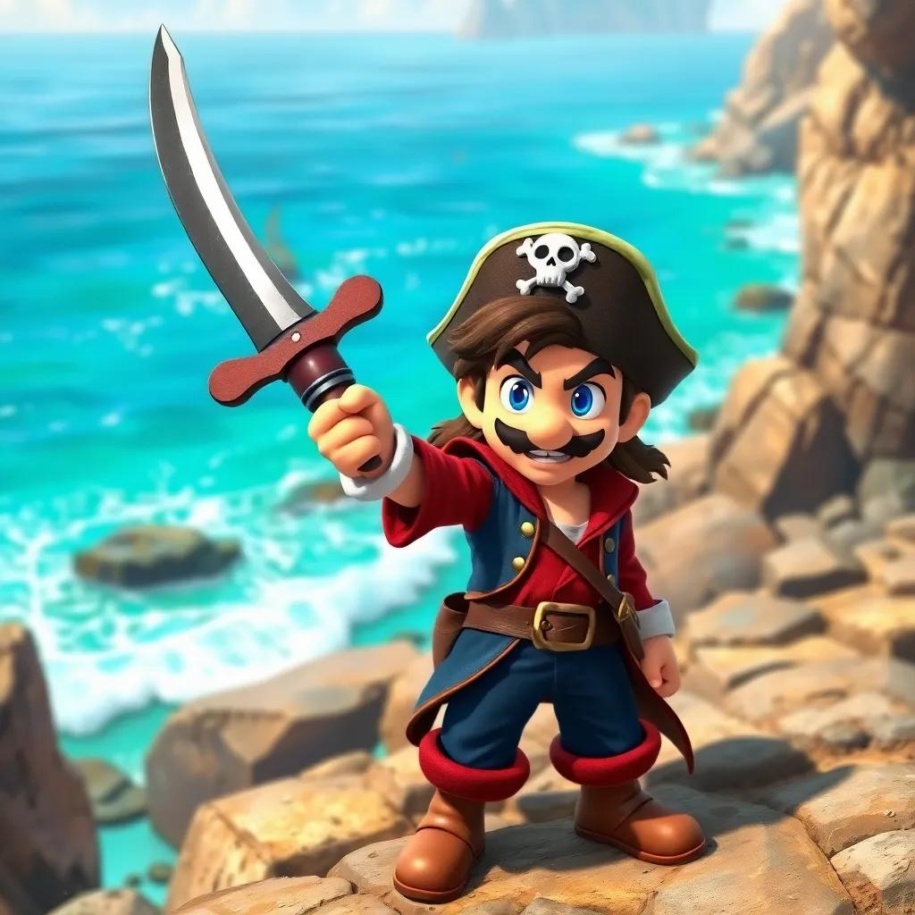 A young pirate boy, Mario, with long hair and a pirate outfit, standing on a rocky beach with the ocean behind him, fierce determination in his eyes, dynamic pose, adventure atmosphere, colorful, high quality