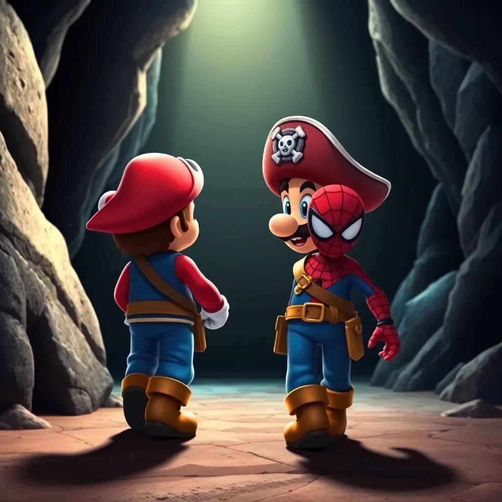 Mario the young pirate with a pirate hat and a sword, walking towards a dark cave with his friend Spiderman, whose figure is a little smaller and wearing a Spider-Man suit, feeling a sense of adventure and bravery, bright light shining on them, cartoon style, vibrant details