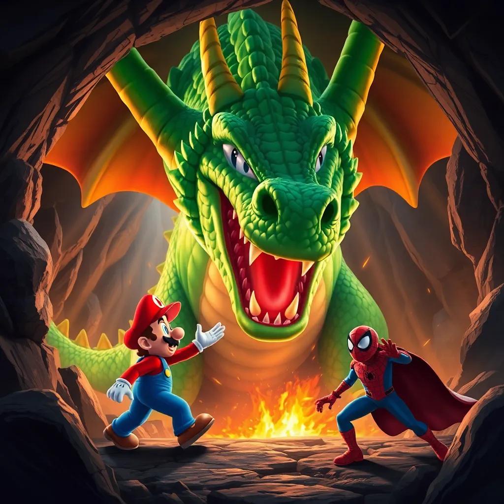 Fabrivio the dragon, enormous with green scales and fiery breath, emerging from the cave with a fierce expression, while Mario and Spiderman prepare for battle, dramatic scene, vibrant colors, semi-realistic art style