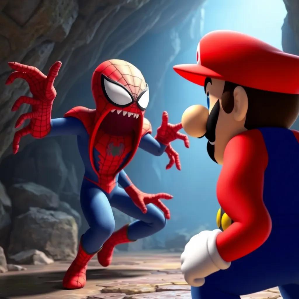 Spiderman, enlarged and fierce, yelling at Mario, who looks surprised but strong, in the foreground with a backdrop of the cave, action-oriented, colorful, high drama scene, cartoonish style
