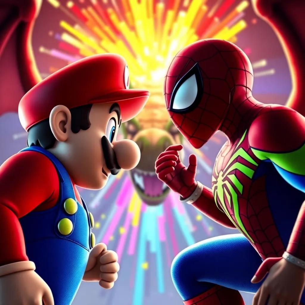 Mario and Spiderman, face to face with Fabrivio, working together with teamwork and determination against the dragon, colorful explosion of colors representing their victory, uplifting atmosphere, animated look