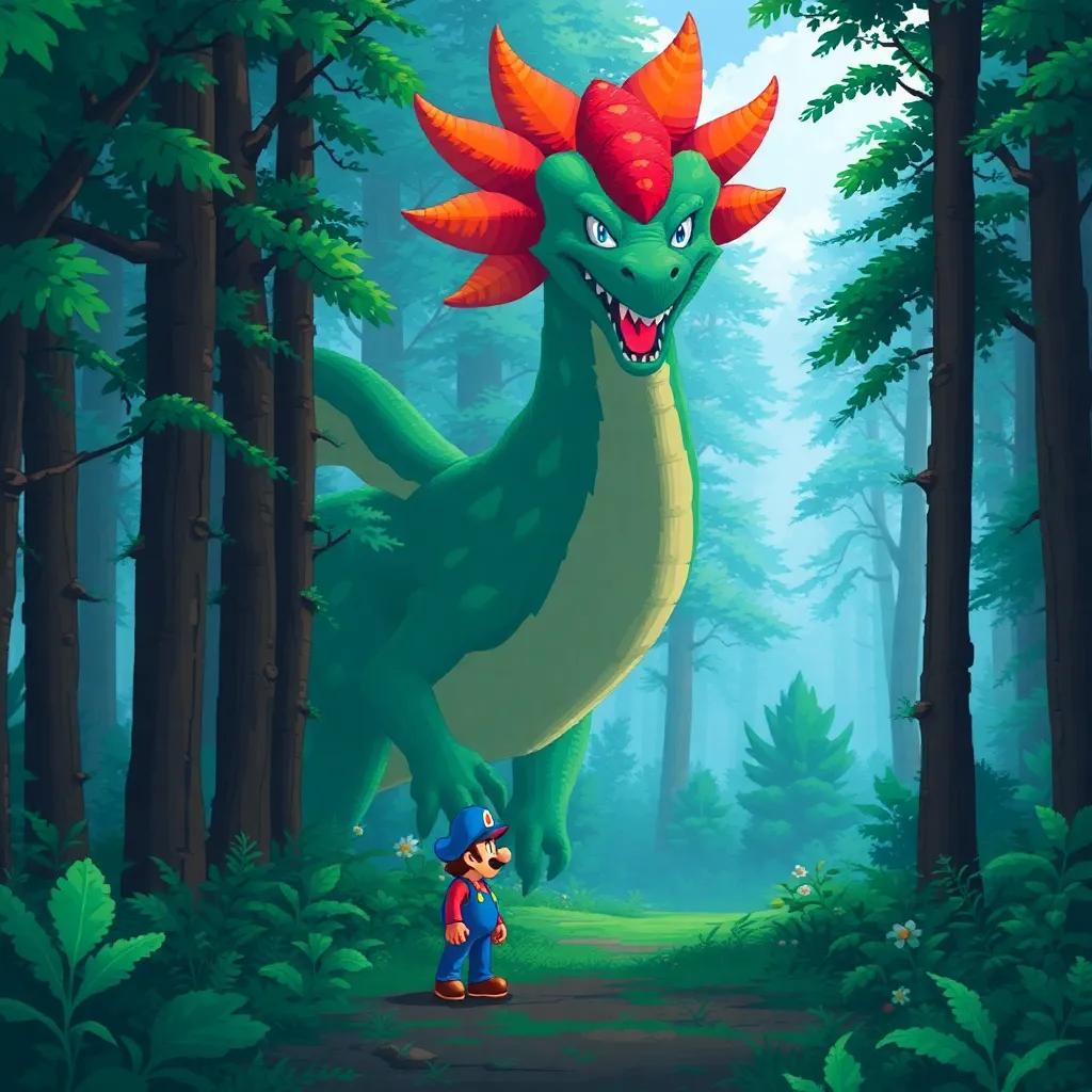 In a thick forest, Mario and Luigi stand determinedly in front of a gigantic Cacato Dragon, with colorful feathers, the trees are tall and lush, adventure atmosphere, high quality, fantasy themed
