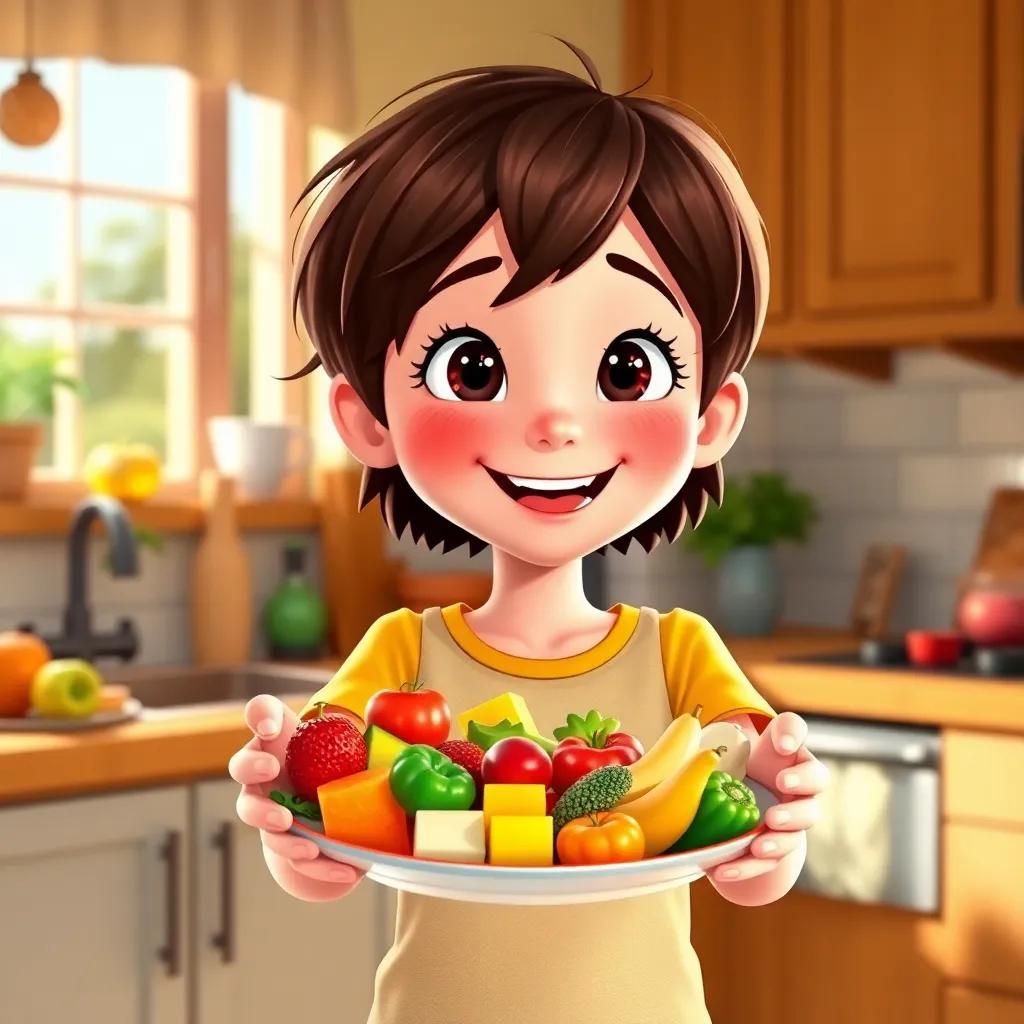 A cheerful girl, Mari, with short brown hair and bright clothing, excitedly showing her colorful plate filled with fruits and vegetables, in a sunny kitchen, digital art, vibrant colors, warm and inviting atmosphere, high quality