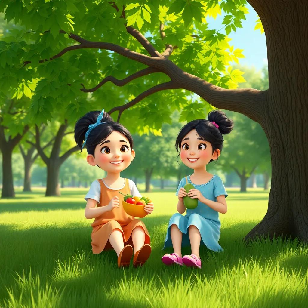A sunny park scene with a happy girl, Mari, sitting with her friend Laila, both with snacks of fruits and veggies, under a big leafy tree surrounded by green grass, cheerful mood, bright colors, engaging view, high quality