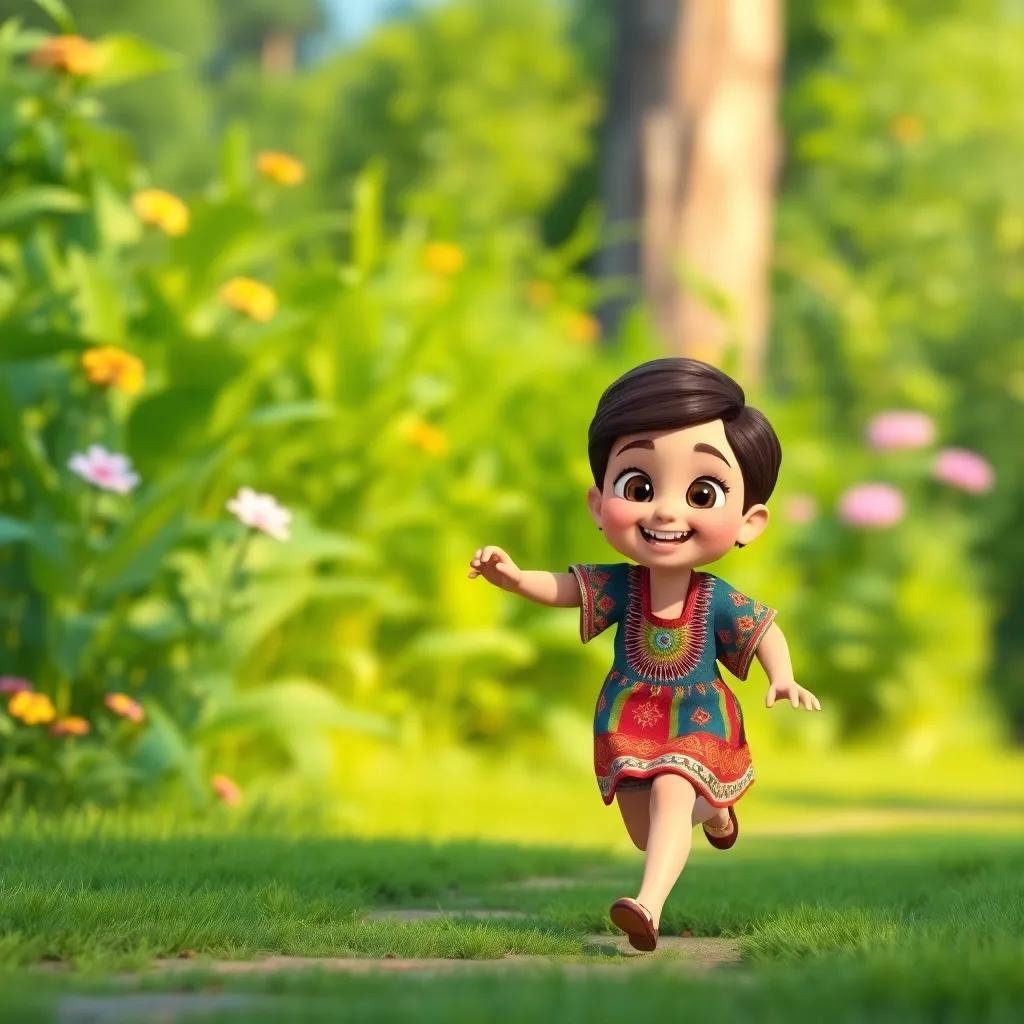 A young Hispanic girl, Andrea, with short brown hair wearing a colorful tunic, running toward Marta with a big smile, lush green garden in the background, cheerful mood, bright colors, friendly atmosphere, high quality