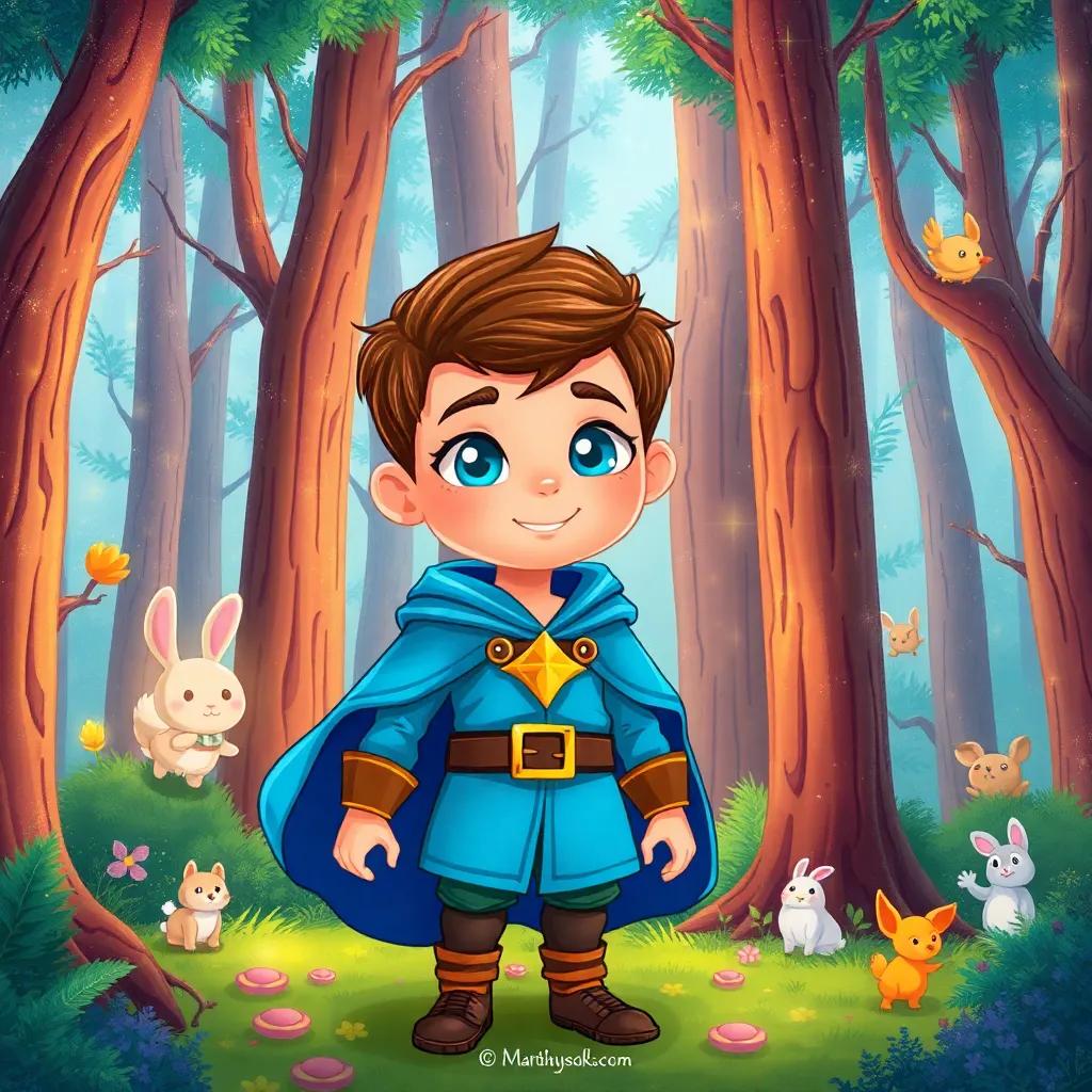 A young boy, Martín, a small warrior with sparkling eyes, wearing a bright blue cape, standing in a colorful enchanted forest with tall, shimmering trees. Cute animals, like rabbits and birds, are peeking from behind the trees, digital art, colorful, cheerful, inviting atmosphere, high quality