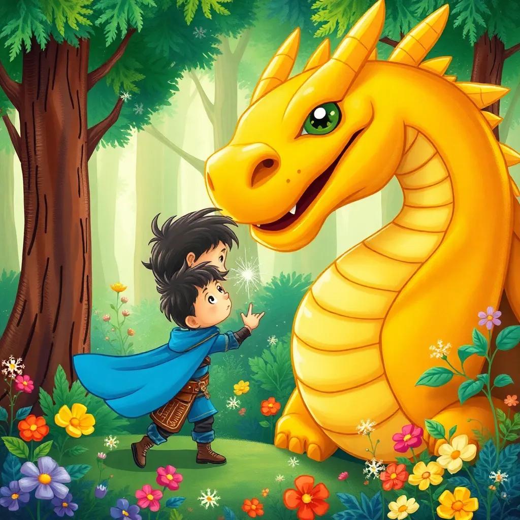Martín, a small warrior boy with a blue cape, becoming invisible with a magical sparkle around him, sneaking up to a large golden dragon with big eyes, in a magical forest filled with bright colors and glimmering flowers, illustration, whimsical, friendly, high quality