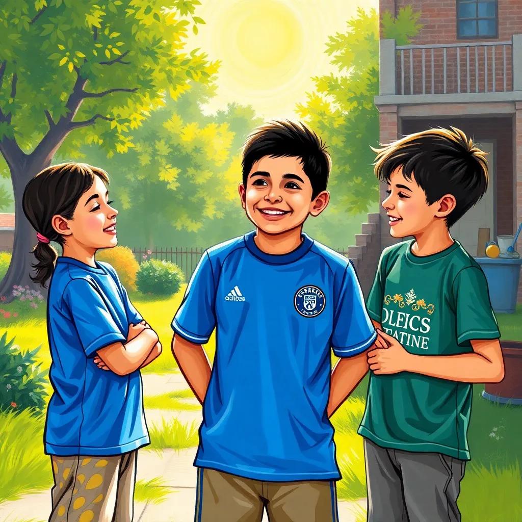 An outdoor scene with Martín, a young Hispanic boy with a blue soccer jersey, standing with his siblings Inés and Gabriel, laughing and discussing music and soccer, bright sunshine, vibrant colors, joyful atmosphere, illustration