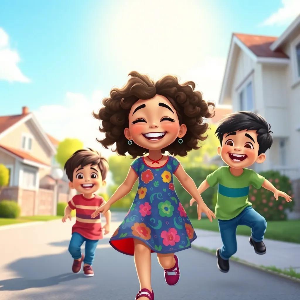 A bright, sunny day in a suburban neighborhood, a joyful girl, Maryam, with curly brown hair and a colorful dress, playing with her two brothers Rayan and Qais, laughter and love surrounding them, digital art, cheerful, warm colors, family feel