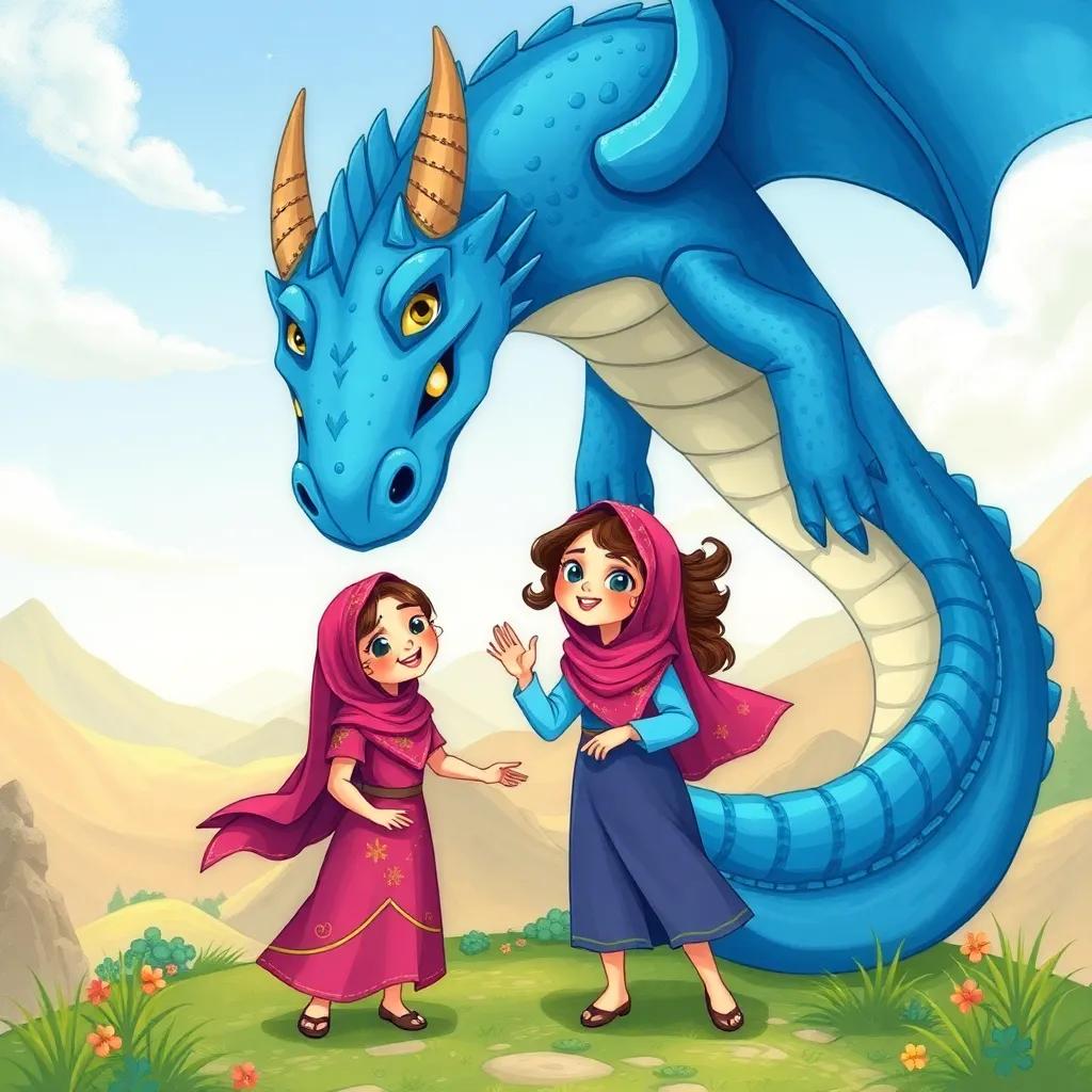 A majestic blue dragon, towering over the two Arab girls, Hala and Leila, who are filled with excitement and determination, with a magical landscape in the background, whimsical style, bright colors, fantasy vibe, high quality