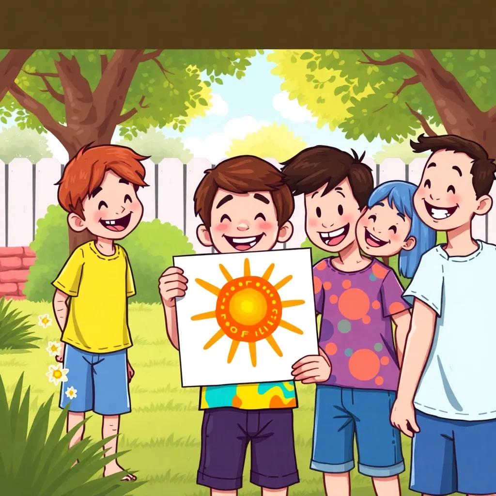 A joyful scene of Mateo, a young boy with short brown hair in a colorful shirt, showing his colorful painting of the sun to his friends, smiles and laughter among them, bright and lively backyard, illustration, cheerful, fun, child-friendly