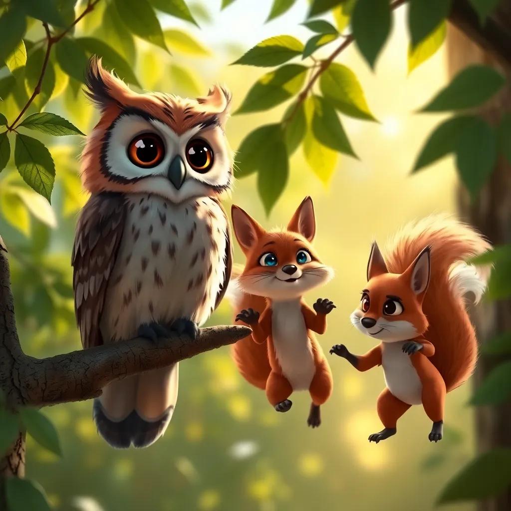 A wise owl perched on a branch, a clever fox with a bushy tail nearby, and a playful squirrel jumping around, all expressing concern, realistic style, warm sunlight filtering through leaves, inviting mood, detailed and engaging perspective