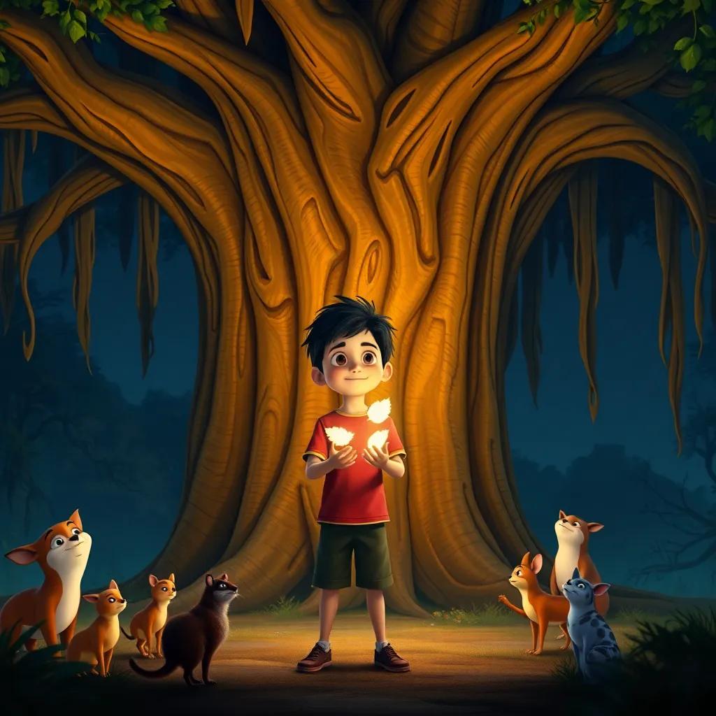 Mateo standing bravely in front of a giant, sad tree with droopy branches, holding glowing leaves in his hands, surrounded by curious animals watching closely, immersive storytelling, bright colors, magical vibe, high quality