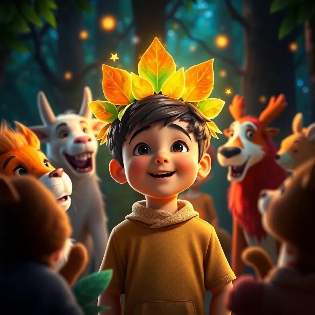 Mateo wearing a crown made of bright leaves, surrounded by the forest animals singing together, vibrant lights radiating from the crown, a sense of unity and magic in the air, lively atmosphere, fantastical style, child-friendly