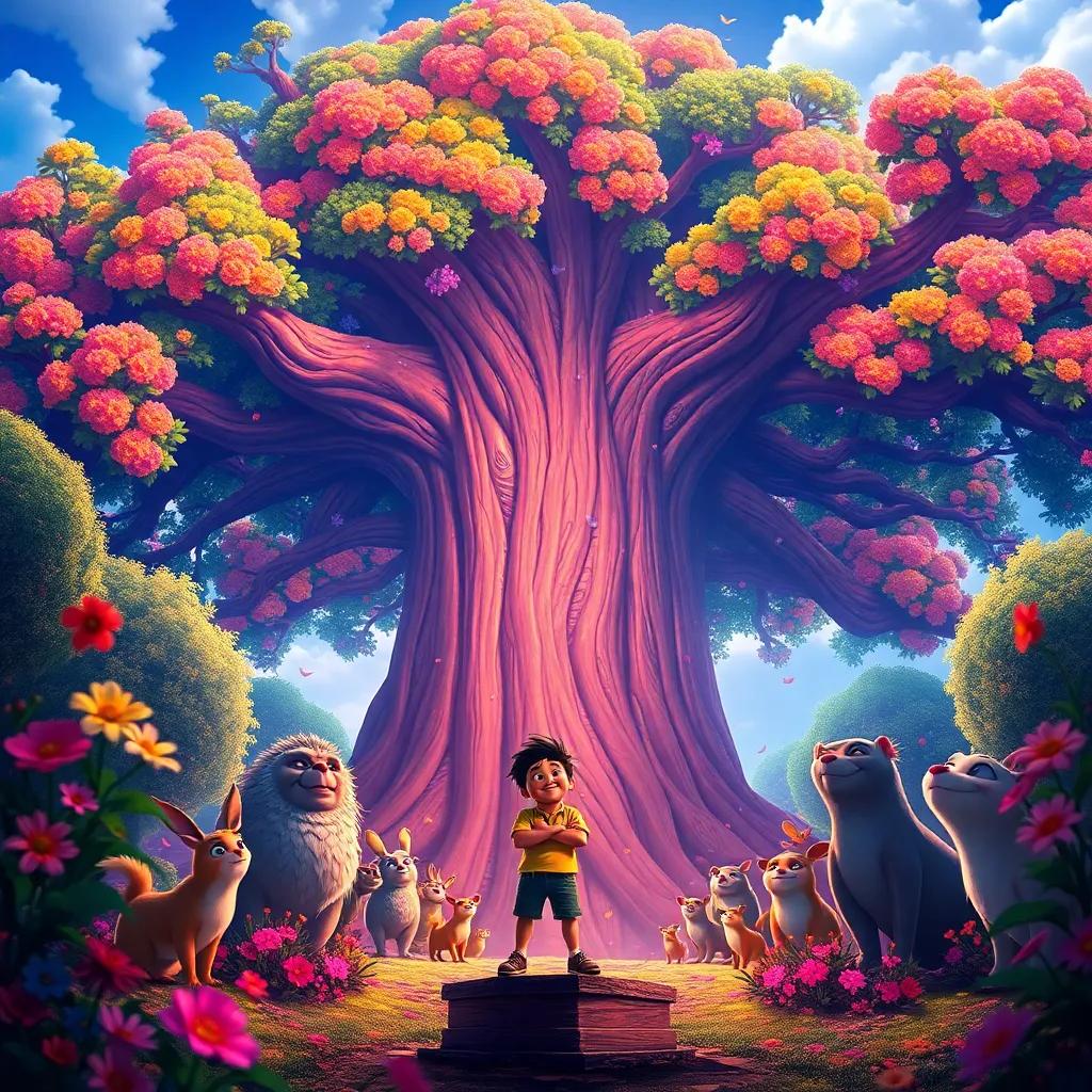 A magnificent scene as the giant tree comes to life with vivid colors, flowers blossoming, and animals celebrating joyfully; Mateo stands proudly among them, illustrating a moment of triumph, colorful, uplifting energy, high quality