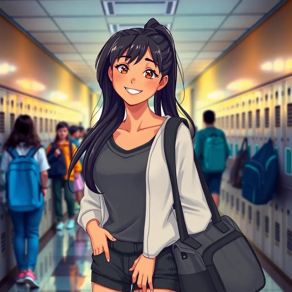 A confident girl, Nayeli, with long, dark hair in a ponytail, wearing a stylish outfit and carrying a swim bag, smiling warmly at Mateo in the school hallway, surrounded by lockers and students, cheerful, friendly ambiance, detailed digital art, high quality