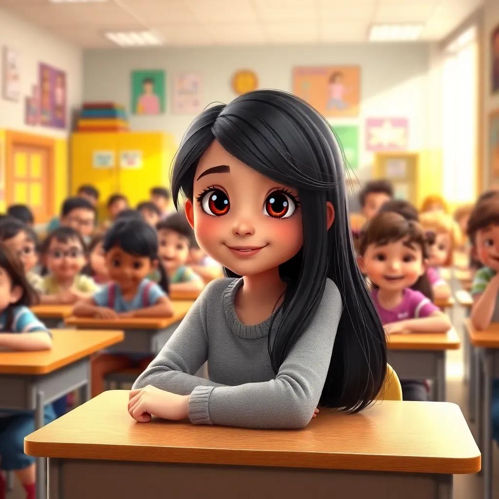 A beautiful girl, Mather, with long flowing dark hair and bright eyes, sitting at her desk in a colorful classroom full of excited classmates, digital art, cheerful atmosphere, warm light, vibrant colors, engaging perspective, high quality