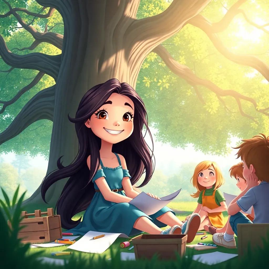 Mather, a beautiful girl with long flowing dark hair and a cheerful smile, sitting under a great oak tree with her friends, surrounded by paper and art supplies, lively natural light, bright colors, imaginative scene, joyful atmosphere, high quality