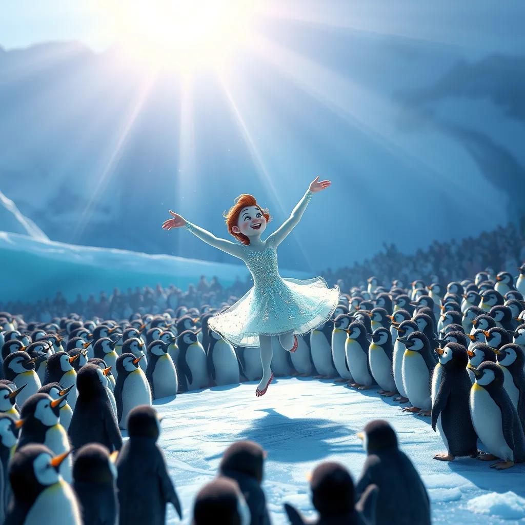 A big crowd of penguins gathered to watch Matilda's performance. She is sparkling and twirling gracefully on the ice, glowing under the bright sun, with the audience cheering happily.