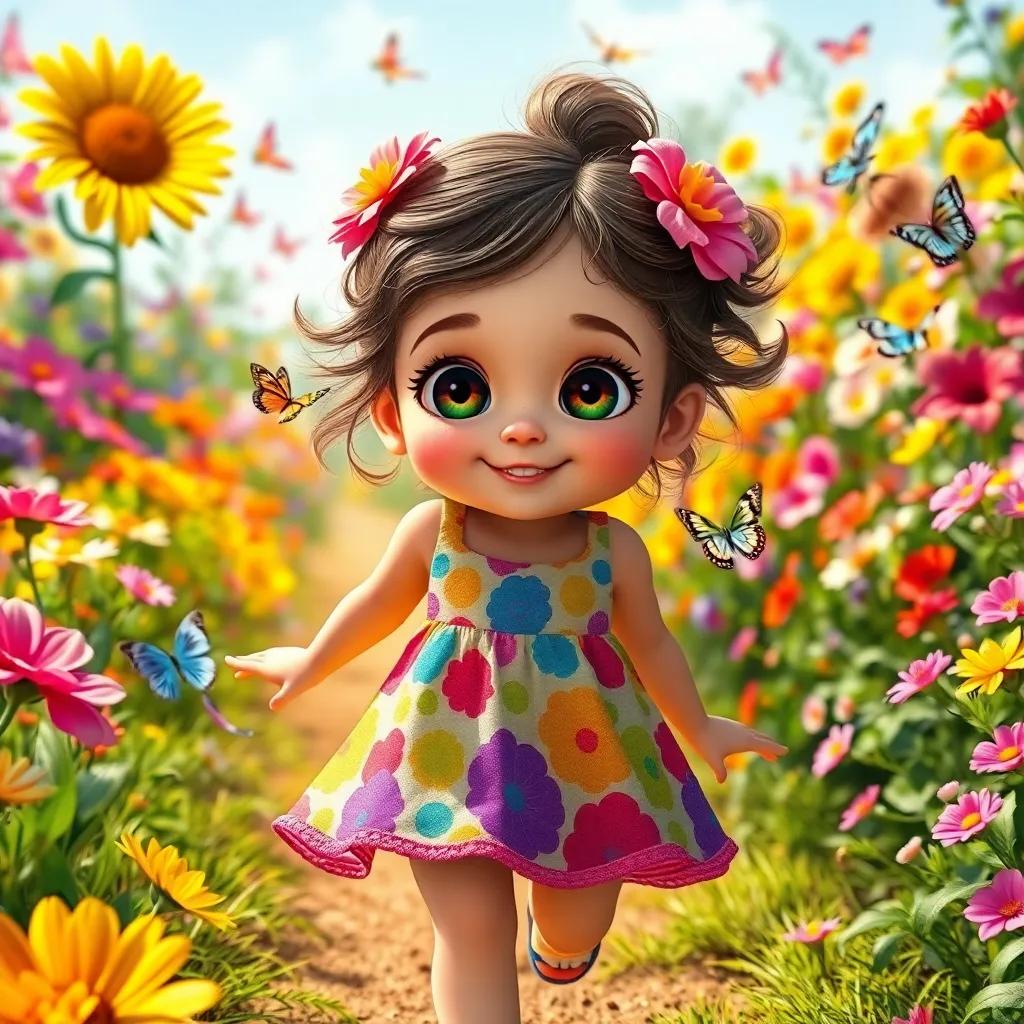A little girl, Matilde, with big bright eyes, wearing a colorful dress, skipping joyfully in her vibrant garden filled with flowers and butterflies, sunny day, cheerful atmosphere, digital art, bright colors, magical vibe, high quality