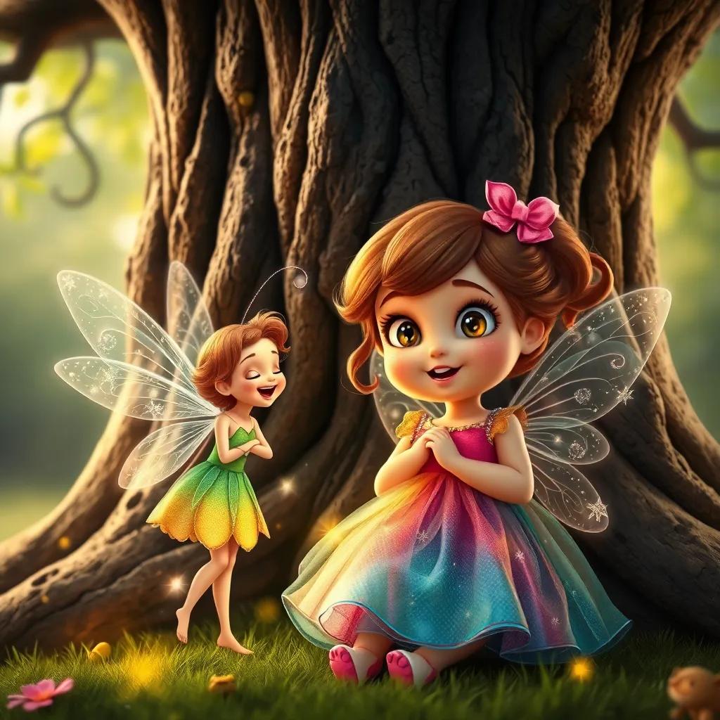 A tiny fairy with sparkling wings, laughing alongside Matilde, a little girl with big bright eyes in a colorful dress, by an old oak tree, surrounded by a magical glow, whimsical style, enchanting scene, vibrant colors, fantasy art, high quality