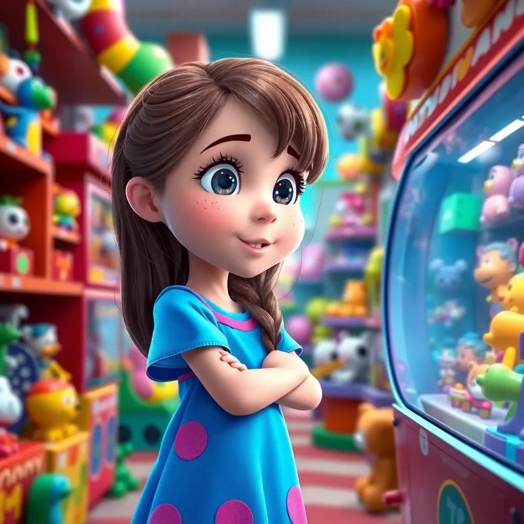 A girl named Matthew Ice, with long brown hair, wearing a bright blue dress, standing in a colorful toy store filled with toys, sparkling eyes, looking amazed at a shiny machine, cheerful atmosphere, digital art, vibrant colors, inviting scene, high quality
