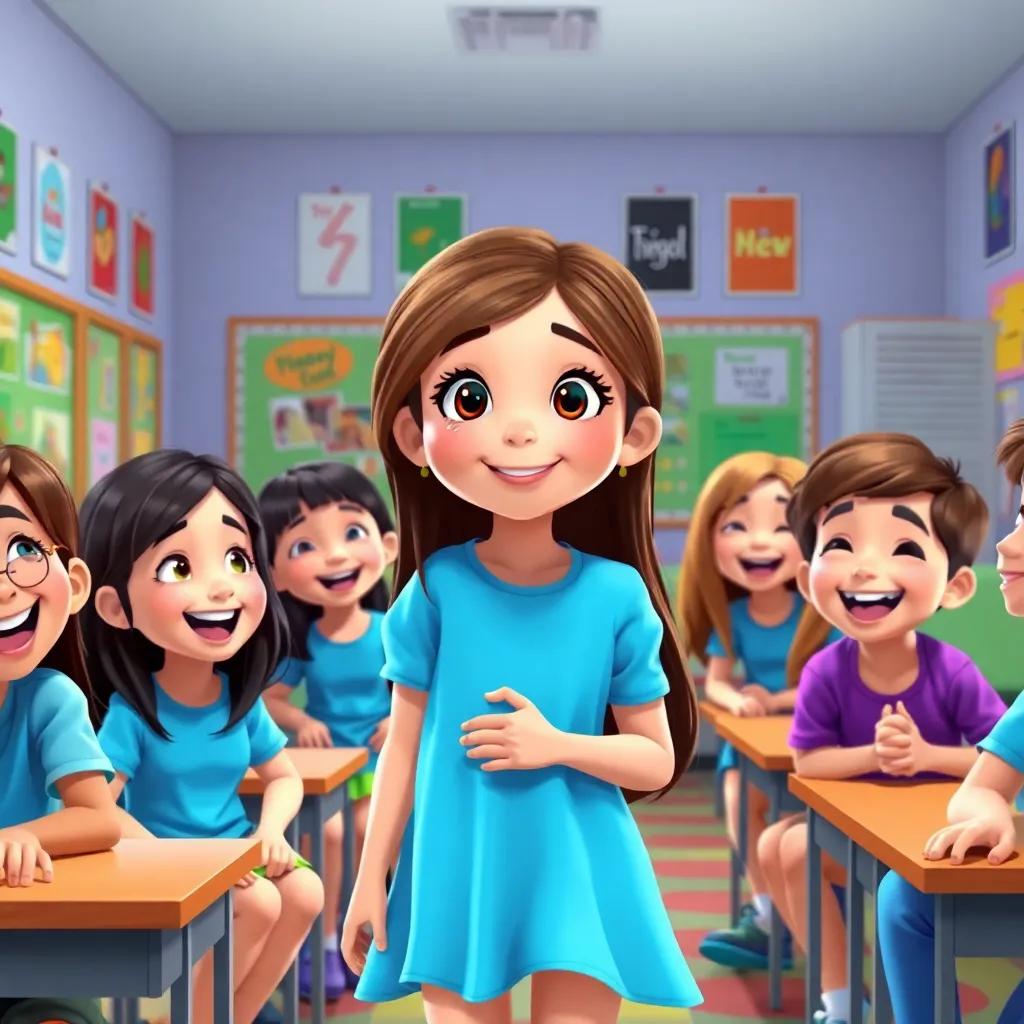 Matthew Ice, a girl with long brown hair, in a bright blue dress, surrounded by her friends at school, all laughing and playing, colorful classroom with posters, joyful expressions, digital art, playful, bright colors, engaging scene, high quality
