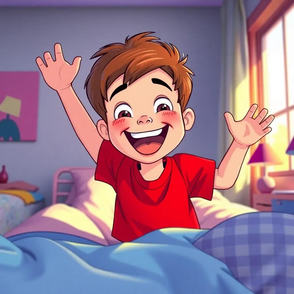A cheerful little boy, Max, with short brown hair and a bright red t-shirt, jumping out of bed with excitement and a big smile, morning light streaming through the window, colorful room, digital art, vibrant colors, joyful atmosphere, high quality