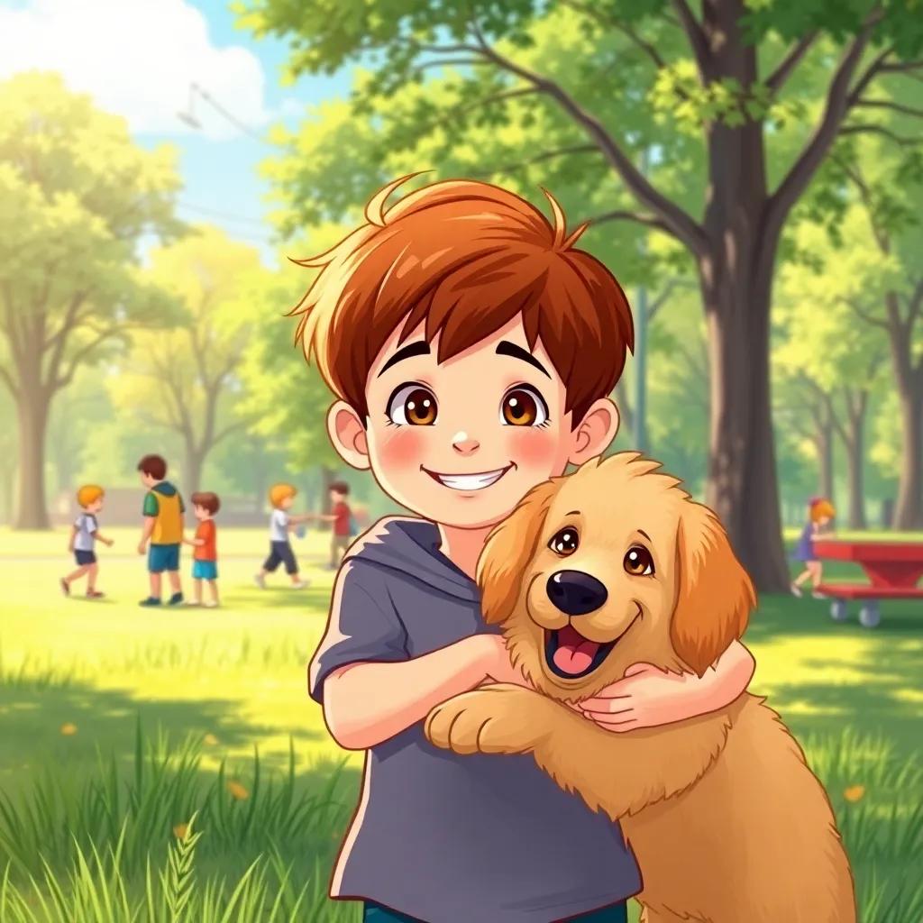 Max, a cheerful little boy with short brown hair, showing off his fluffy dog, Buster, a golden retriever, at a sunny park with green grass and kids playing, digital illustration, lively scene, warm light, happy energy, high quality