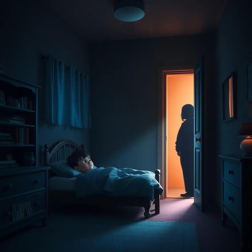 A dimly lit children's room with a young boy, Max, in his bed, a shadowy figure standing at the open door, mysterious and slightly eerie setting, digital painting, cool colors, suspenseful, intimate perspective, high quality