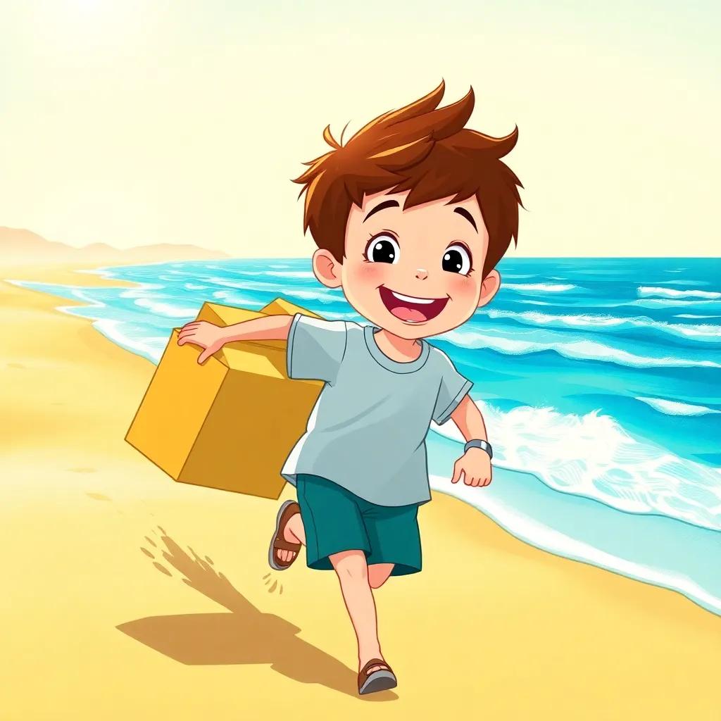 Max, a little boy with short brown hair in a t-shirt and shorts, running joyfully towards a beach with golden sand and blue waves, carrying a big toy box, bright sunny day, vivid beach scenery, digital art, fun atmosphere, high quality