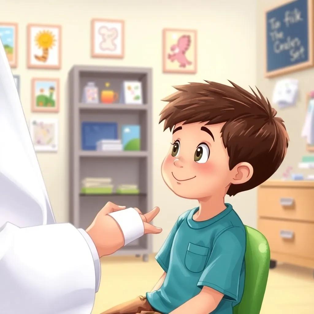 Max, a little boy with a bandaged hand, sitting in a doctor’s office with colorful pictures on the wall, looking curiously at a friendly doctor, warm lighting, inviting atmosphere, digital illustration, high quality