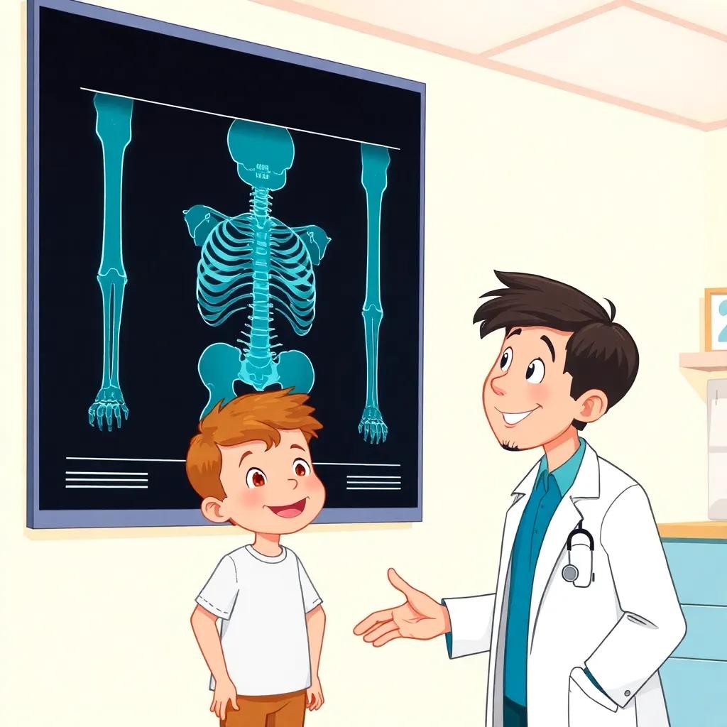 An X-ray picture showing a little boy's bones, with Max marveling at it, the doctor beside him smiling, bright and colorful medical office, digital art, clean and friendly look, high quality