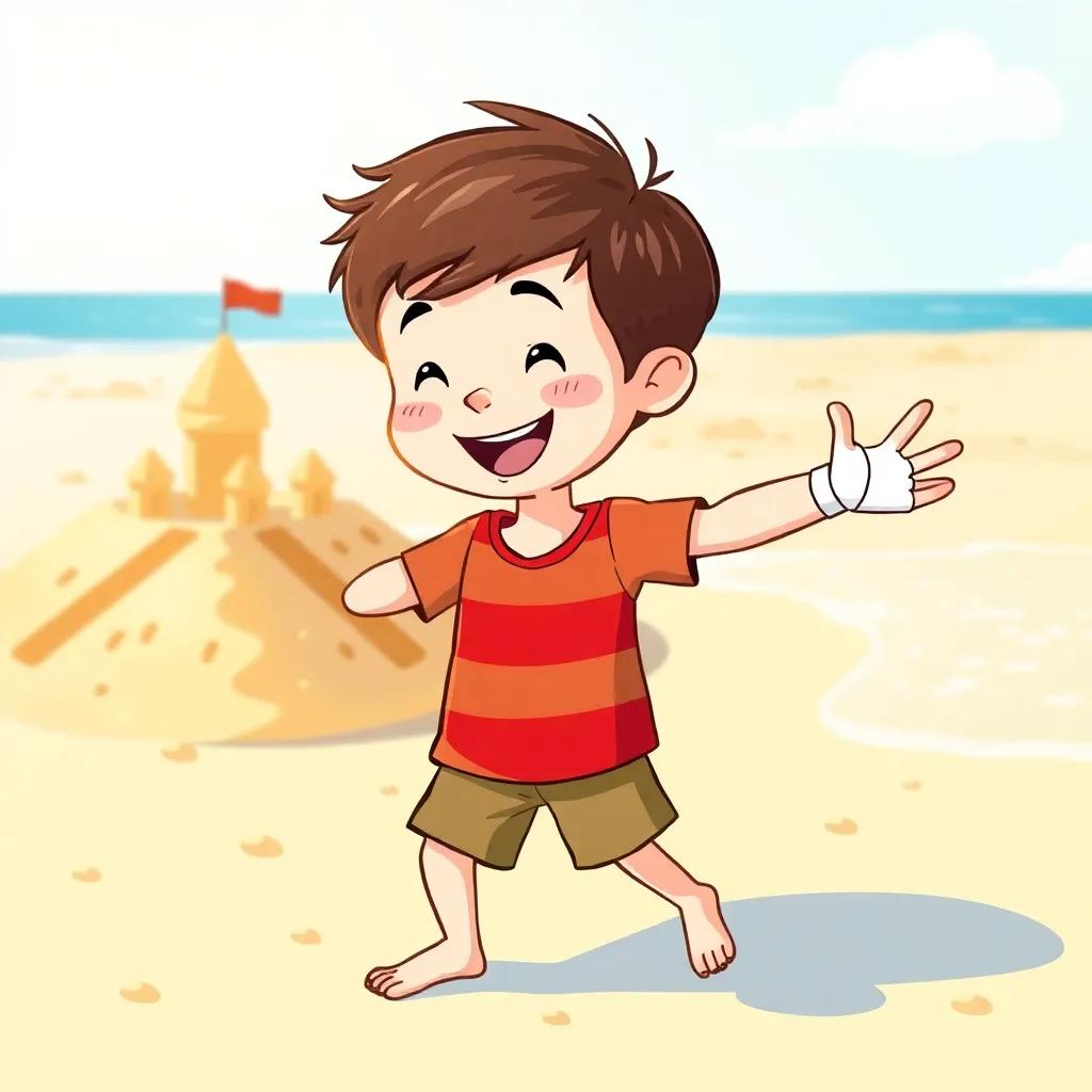 Max, a little boy with short brown hair, doing a happy dance on the beach with a bandaged hand, his sandcastle behind him, bright sunny day, vibrant sand and sea colors, digital illustration, child-friendly, high quality