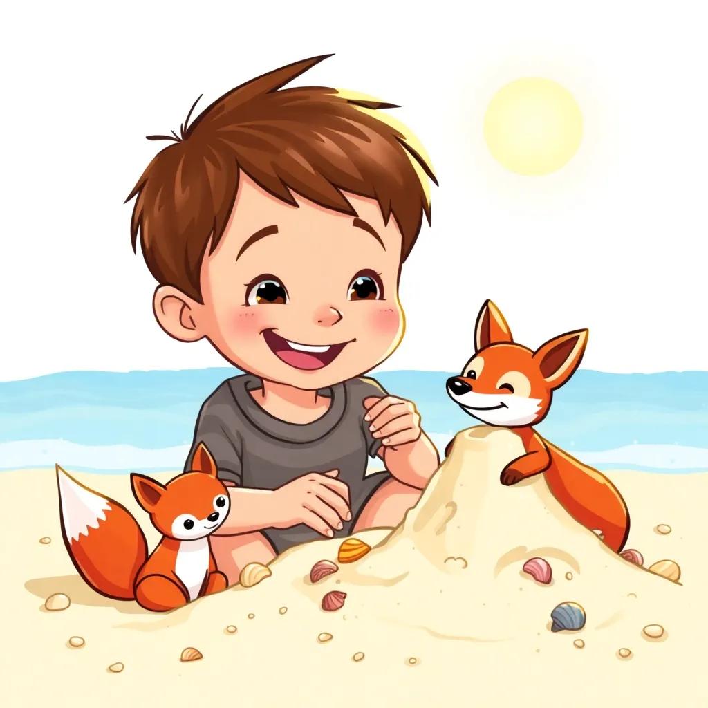 Max, a little boy with short brown hair, excitedly adding seashells to his sandcastle, wearing a big smile, with his toy fox beside him, beach scene with sun shining, colorful and cheerful atmosphere, digital art, high quality